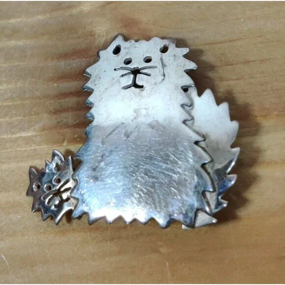 Vintage 925 Sterling Silver Mexico 1.2" Kitty Cat Kitten Brooch Pin Signed SU 6g